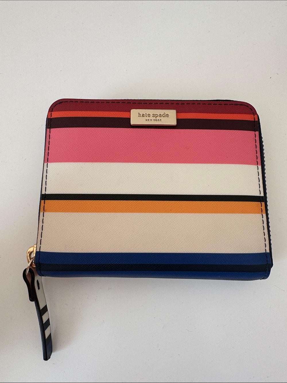 kate spade Striped Zip Around Wallet in Pink, Blue, Orange and Cream